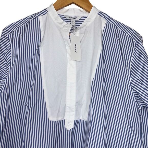 Spanx Poplin Tuxedo Shirt Postal Blue Narrow White Stripe Size Small new - Picture 11 of 13